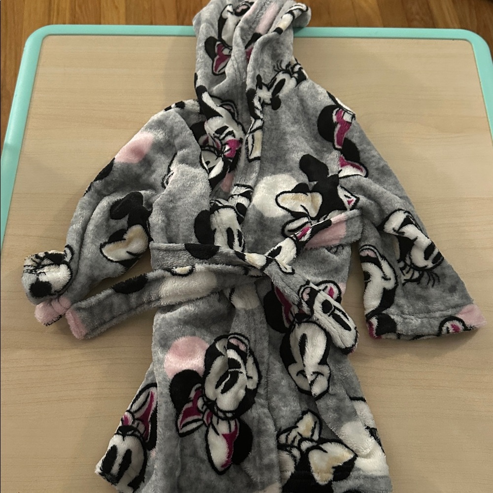 Gray Hooded Robe with Cartoon Print
